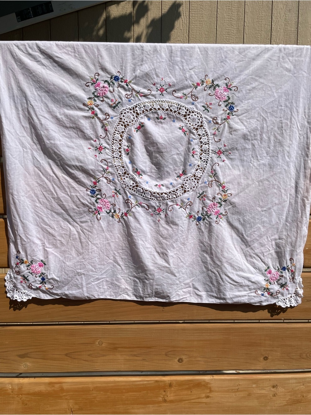 Embroidered White Floral Tablecloth with Pink Accents